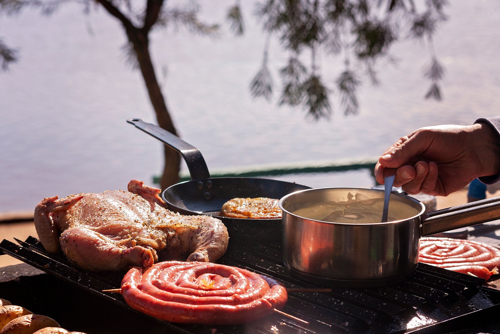Meat cooking over a grill outdoors